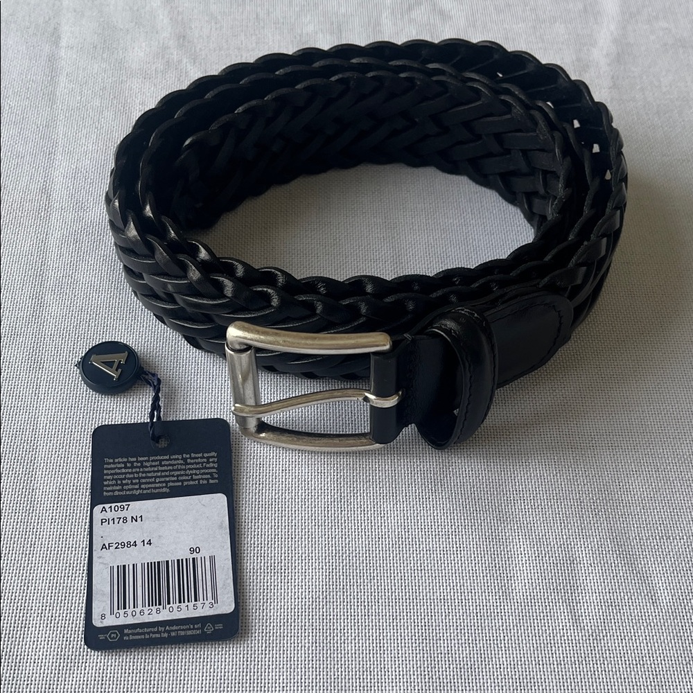 Anderson’s Woven Black Leather Men's Belt with Silver Buckle